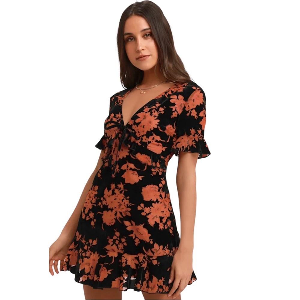 Lulu's A Touch of Magic Black velvet mini dress with Rust Orange Floral Print
